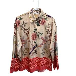 Zara Women’s Cream Floral and Birds Satin Effect Flowy Shirt Sz XS